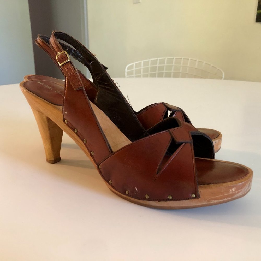 Vintage BareTraps Bare Traps 70s Wood Platform Sandals Heels Shoes - Picture 7 of 8